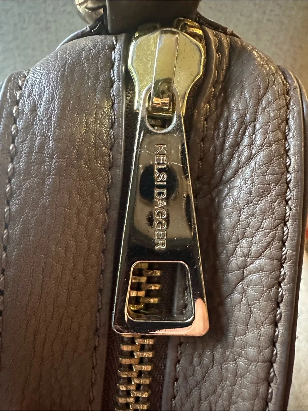 Kelsi Dagger Brown Leather Crossbody Bag with Gold Stud Accents and Chain Strap